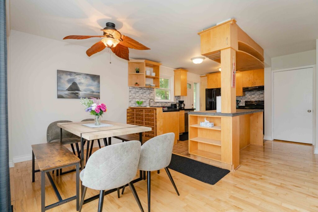 Full kitchen in the lower unit with modern cabinetry