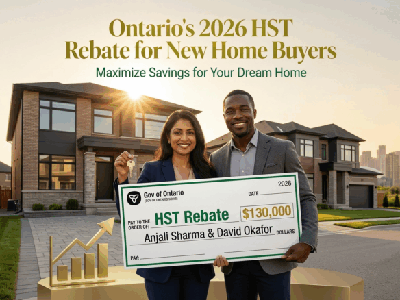 Smiling couple with $130K Ontario HST rebate check for 2026 new home purchase in Toronto suburb