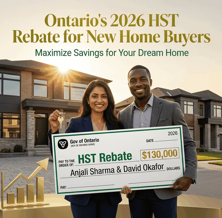 Smiling couple with $130K Ontario HST rebate check for 2026 new home purchase in Toronto suburb